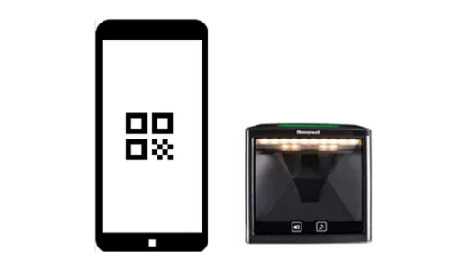 スマートフォンに表示されたQRコードと専用リーダー